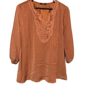 Valolia Womens‎ Blouse Top XL Orange Sheer Long Sleeve Crochet V Neck Casual